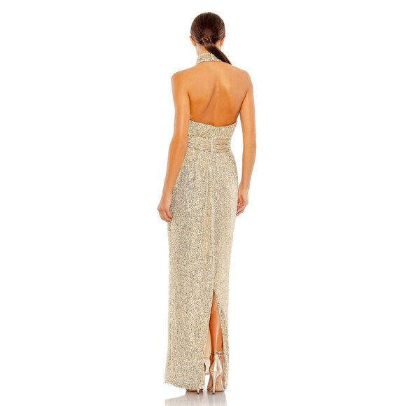 NWT Mac Duggal Gold Sequined Halter Neck Belted Soft Tie Gown 8 #8624 - Picture 4 of 8